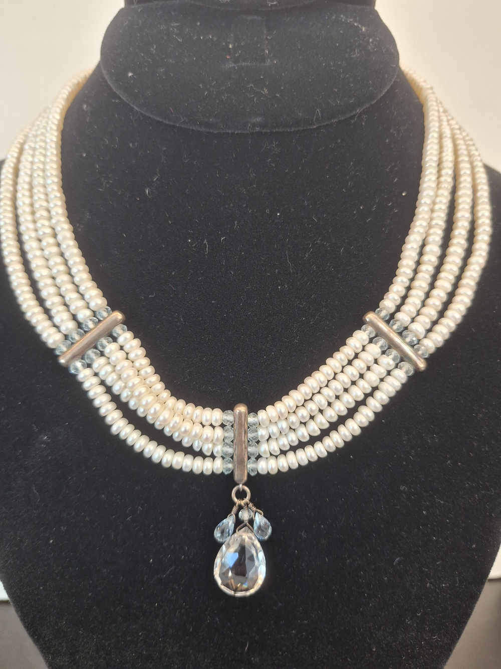 Freshwater Seed Pearl Sterling Silver Multi-Strand Necklace with Crystal Pendant